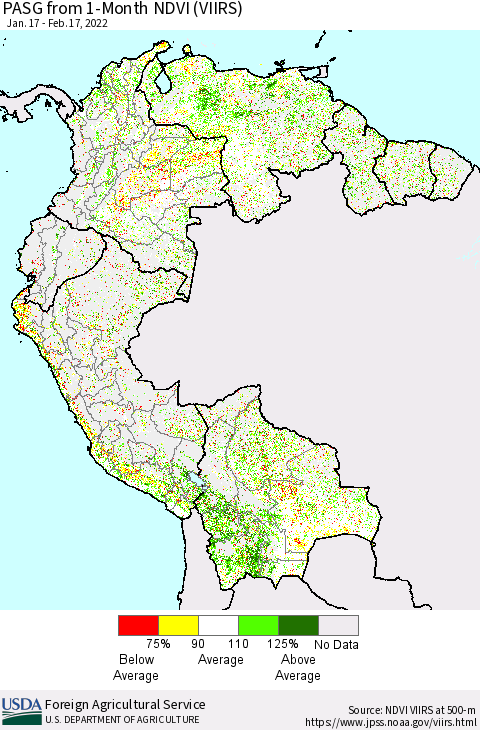 Northern South America PASG from 1-Month NDVI (VIIRS) Thematic Map For 2/11/2022 - 2/20/2022