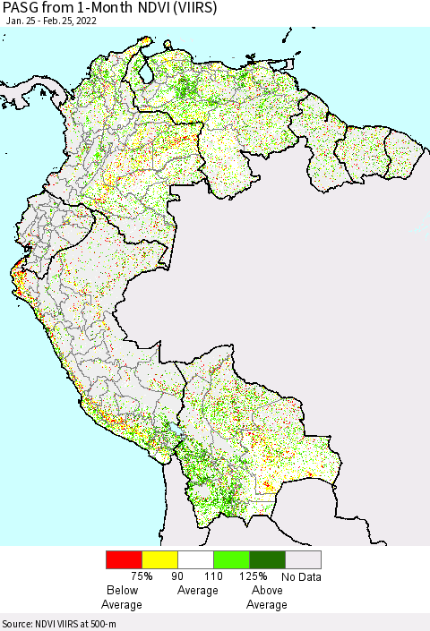 Northern South America PASG from 1-Month NDVI (VIIRS) Thematic Map For 2/18/2022 - 2/25/2022