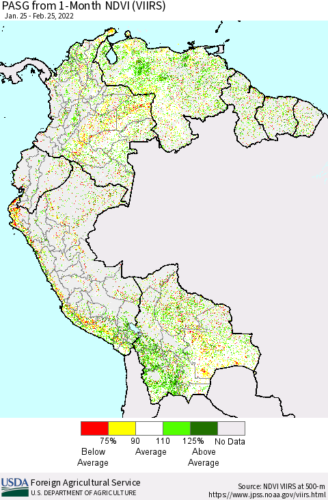 Northern South America PASG from 1-Month NDVI (VIIRS) Thematic Map For 2/21/2022 - 2/28/2022
