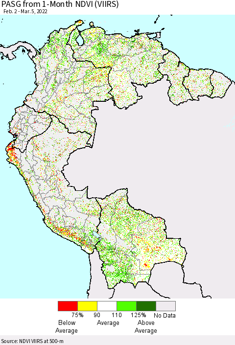 Northern South America PASG from 1-Month NDVI (VIIRS) Thematic Map For 2/26/2022 - 3/5/2022