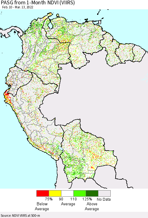 Northern South America PASG from 1-Month NDVI (VIIRS) Thematic Map For 3/6/2022 - 3/13/2022