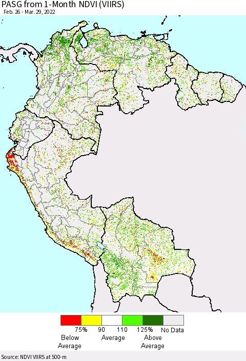 Northern South America PASG from 1-Month NDVI (VIIRS) Thematic Map For 3/22/2022 - 3/29/2022