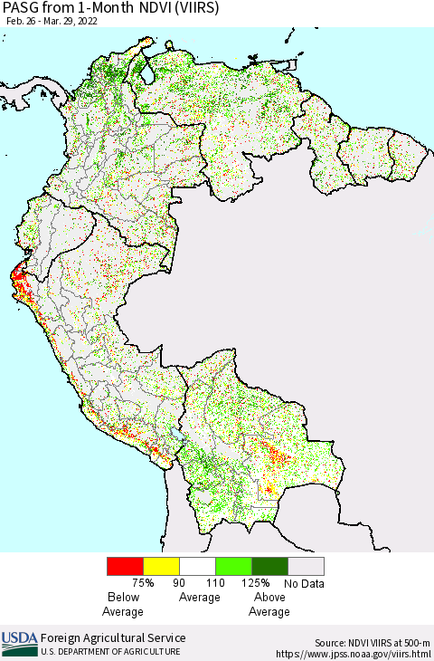 Northern South America PASG from 1-Month NDVI (VIIRS) Thematic Map For 3/21/2022 - 3/31/2022