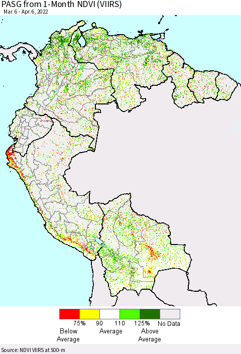 Northern South America PASG from 1-Month NDVI (VIIRS) Thematic Map For 3/30/2022 - 4/6/2022