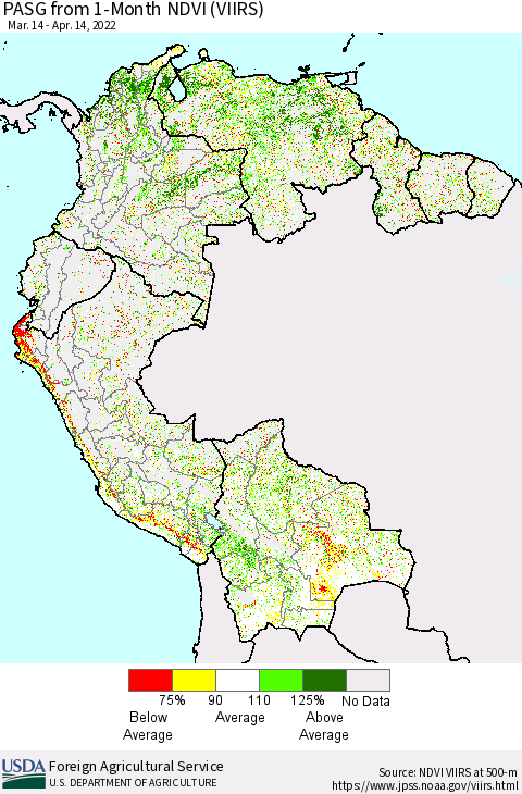 Northern South America PASG from 1-Month NDVI (VIIRS) Thematic Map For 4/11/2022 - 4/20/2022