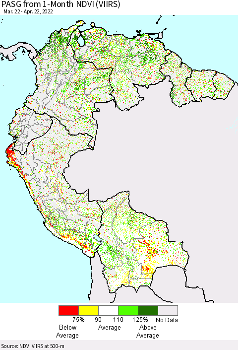 Northern South America PASG from 1-Month NDVI (VIIRS) Thematic Map For 4/15/2022 - 4/22/2022