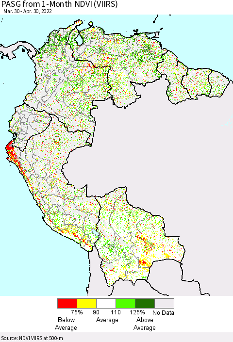 Northern South America PASG from 1-Month NDVI (VIIRS) Thematic Map For 4/21/2022 - 4/30/2022