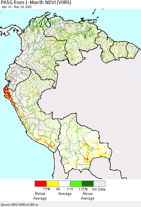 Northern South America PASG from 1-Month NDVI (VIIRS) Thematic Map For 5/9/2022 - 5/16/2022