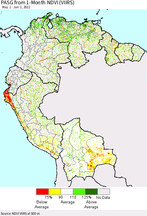 Northern South America PASG from 1-Month NDVI (VIIRS) Thematic Map For 5/25/2022 - 6/1/2022