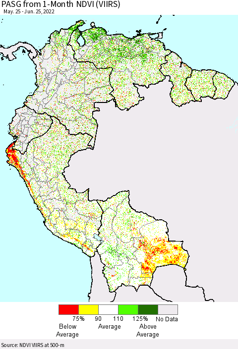 Northern South America PASG from 1-Month NDVI (VIIRS) Thematic Map For 6/18/2022 - 6/25/2022