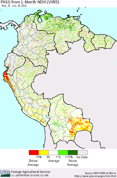 Northern South America PASG from 1-Month NDVI (VIIRS) Thematic Map For 6/21/2022 - 6/30/2022