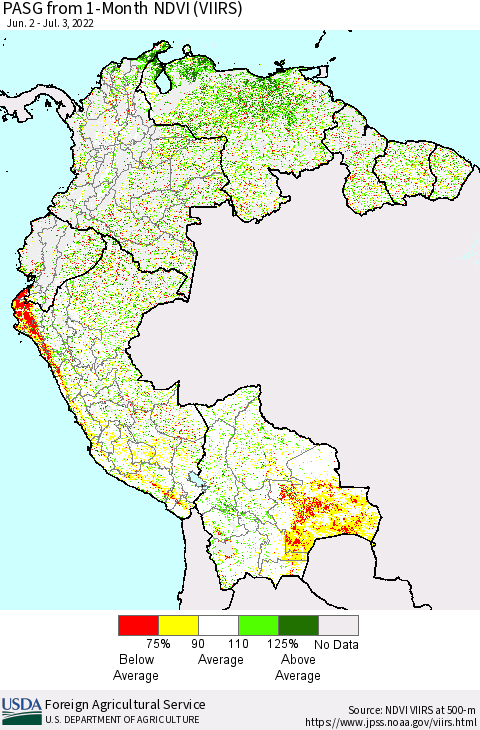 Northern South America PASG from 1-Month NDVI (VIIRS) Thematic Map For 7/1/2022 - 7/10/2022