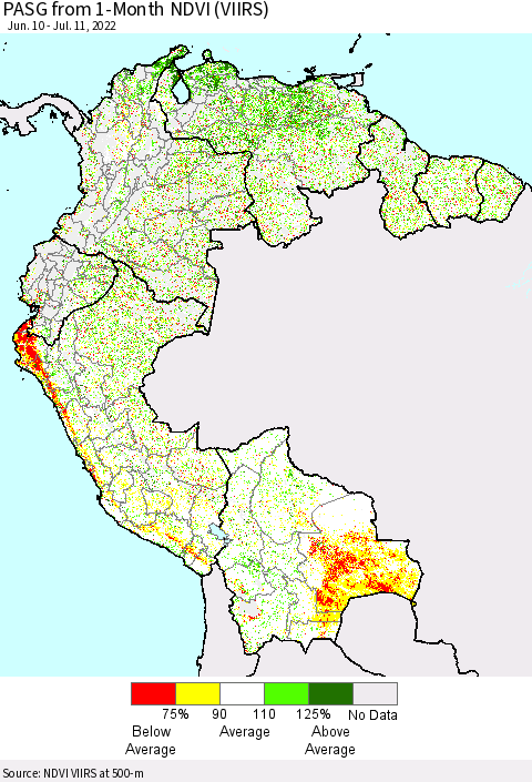 Northern South America PASG from 1-Month NDVI (VIIRS) Thematic Map For 7/4/2022 - 7/11/2022