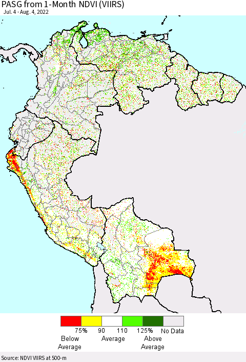 Northern South America PASG from 1-Month NDVI (VIIRS) Thematic Map For 7/28/2022 - 8/4/2022