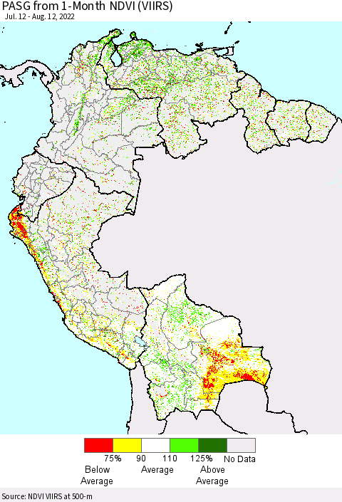 Northern South America PASG from 1-Month NDVI (VIIRS) Thematic Map For 8/5/2022 - 8/12/2022