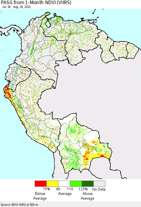Northern South America PASG from 1-Month NDVI (VIIRS) Thematic Map For 8/21/2022 - 8/28/2022