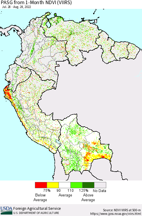 Northern South America PASG from 1-Month NDVI (VIIRS) Thematic Map For 8/21/2022 - 8/31/2022