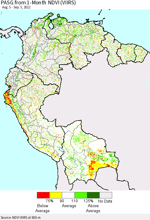 Northern South America PASG from 1-Month NDVI (VIIRS) Thematic Map For 8/29/2022 - 9/5/2022