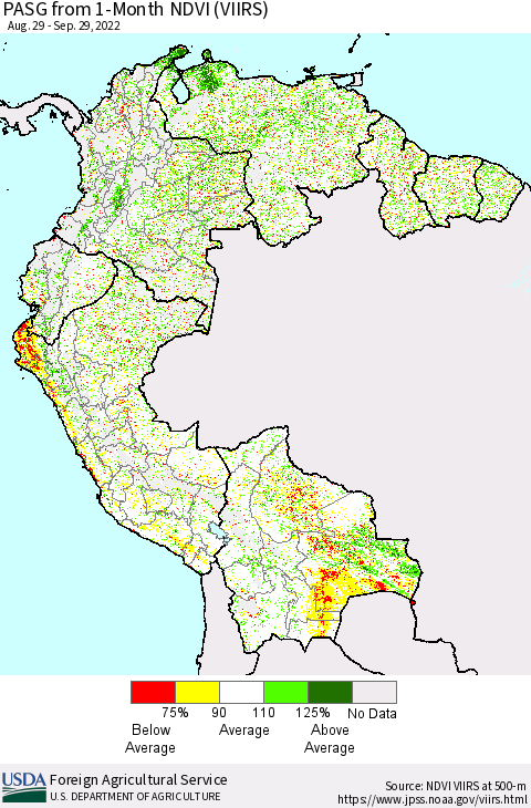 Northern South America PASG from 1-Month NDVI (VIIRS) Thematic Map For 9/21/2022 - 9/30/2022