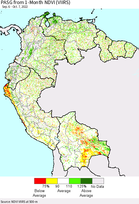 Northern South America PASG from 1-Month NDVI (VIIRS) Thematic Map For 9/30/2022 - 10/7/2022
