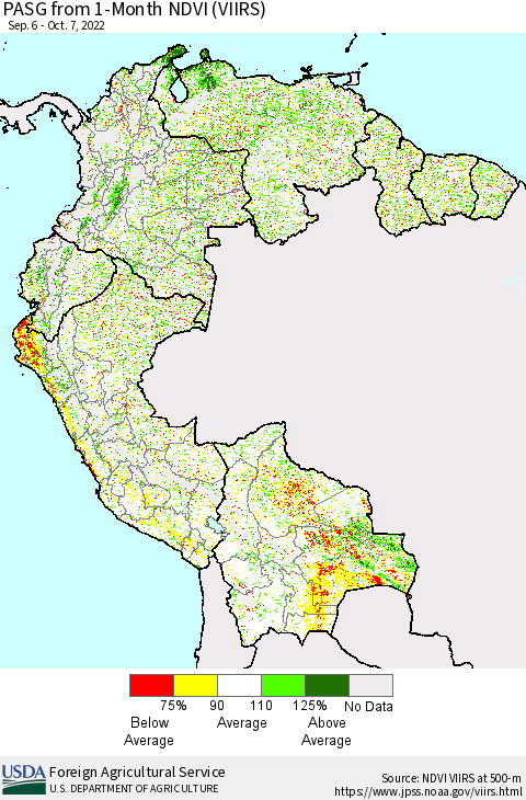 Northern South America PASG from 1-Month NDVI (VIIRS) Thematic Map For 10/1/2022 - 10/10/2022