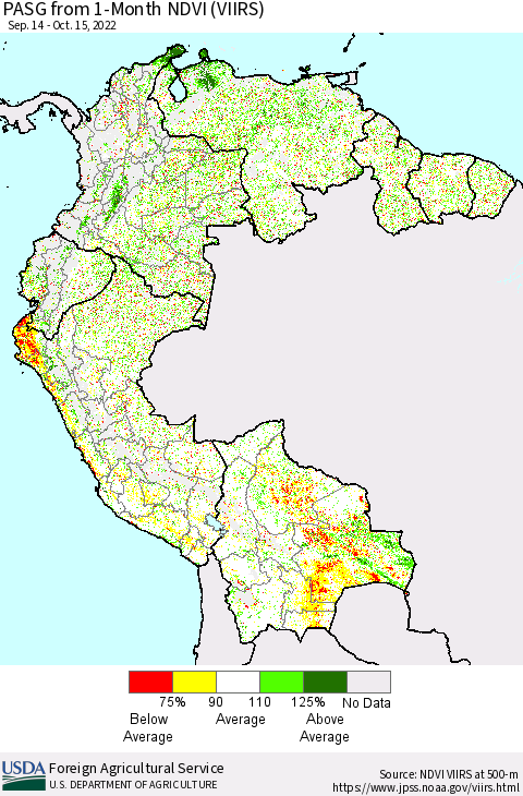 Northern South America PASG from 1-Month NDVI (VIIRS) Thematic Map For 10/11/2022 - 10/20/2022