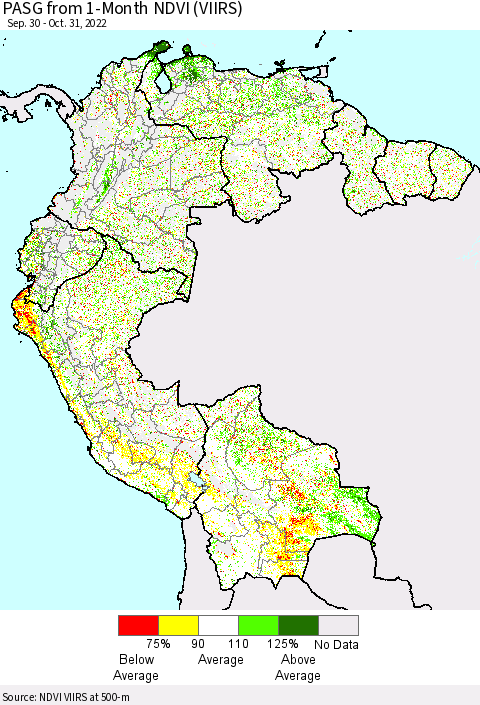 Northern South America PASG from 1-Month NDVI (VIIRS) Thematic Map For 10/21/2022 - 10/31/2022