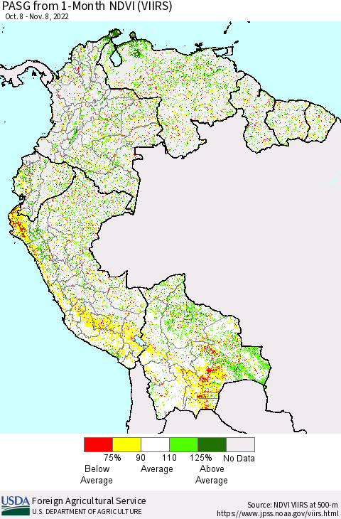 Northern South America PASG from 1-Month NDVI (VIIRS) Thematic Map For 11/1/2022 - 11/10/2022