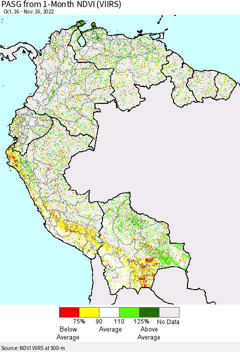 Northern South America PASG from 1-Month NDVI (VIIRS) Thematic Map For 11/9/2022 - 11/16/2022