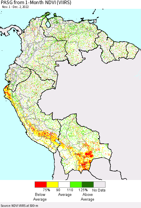 Northern South America PASG from 1-Month NDVI (VIIRS) Thematic Map For 11/25/2022 - 12/2/2022