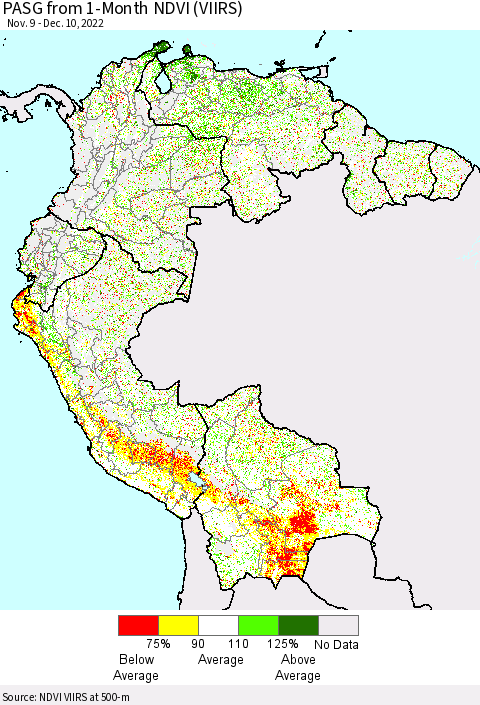 Northern South America PASG from 1-Month NDVI (VIIRS) Thematic Map For 12/1/2022 - 12/10/2022
