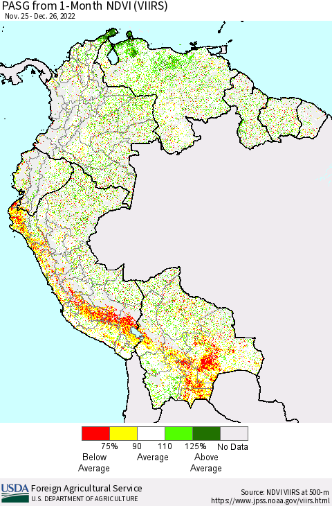 Northern South America PASG from 1-Month NDVI (VIIRS) Thematic Map For 12/21/2022 - 12/31/2022