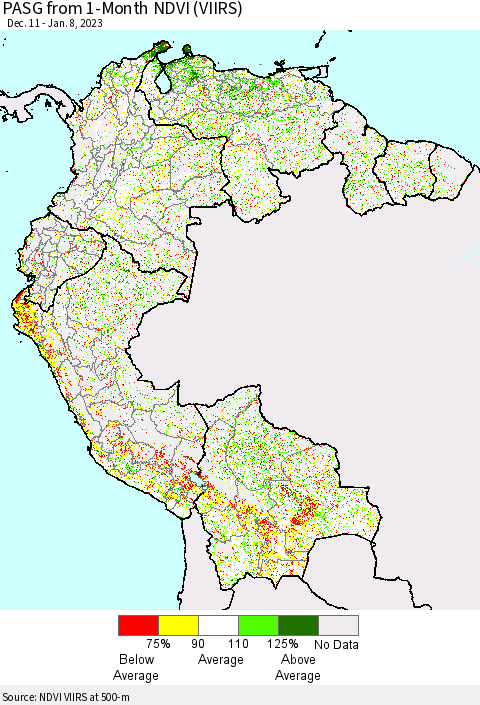 Northern South America PASG from 1-Month NDVI (VIIRS) Thematic Map For 1/1/2023 - 1/8/2023