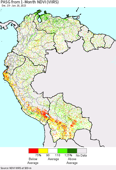 Northern South America PASG from 1-Month NDVI (VIIRS) Thematic Map For 1/9/2023 - 1/16/2023