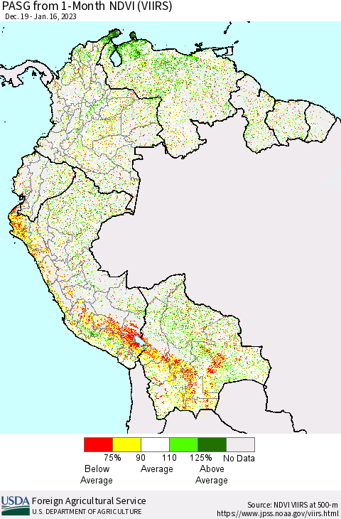 Northern South America PASG from 1-Month NDVI (VIIRS) Thematic Map For 1/11/2023 - 1/20/2023