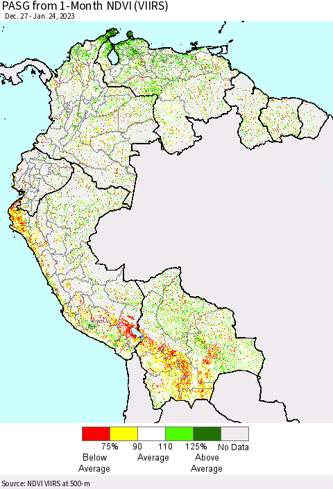 Northern South America PASG from 1-Month NDVI (VIIRS) Thematic Map For 1/17/2023 - 1/24/2023