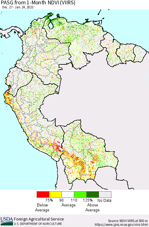 Northern South America PASG from 1-Month NDVI (VIIRS) Thematic Map For 1/21/2023 - 1/31/2023