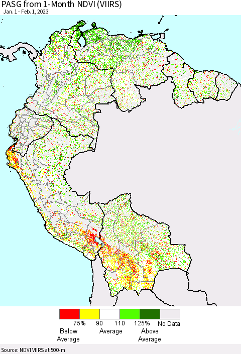 Northern South America PASG from 1-Month NDVI (VIIRS) Thematic Map For 1/25/2023 - 2/1/2023