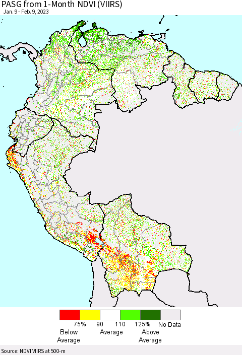 Northern South America PASG from 1-Month NDVI (VIIRS) Thematic Map For 2/2/2023 - 2/9/2023