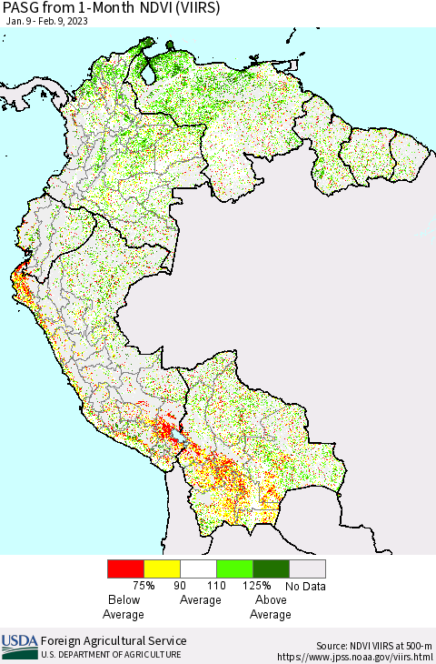 Northern South America PASG from 1-Month NDVI (VIIRS) Thematic Map For 2/1/2023 - 2/10/2023