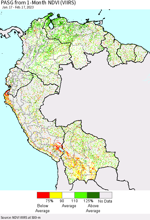 Northern South America PASG from 1-Month NDVI (VIIRS) Thematic Map For 2/10/2023 - 2/17/2023