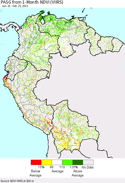 Northern South America PASG from 1-Month NDVI (VIIRS) Thematic Map For 2/18/2023 - 2/25/2023