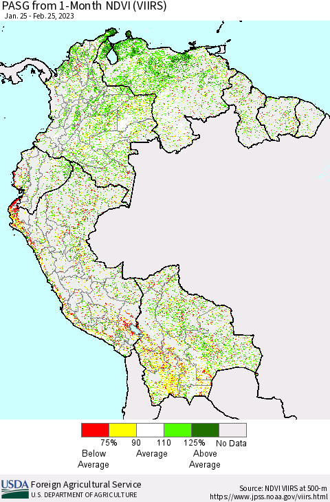 Northern South America PASG from 1-Month NDVI (VIIRS) Thematic Map For 2/21/2023 - 2/28/2023