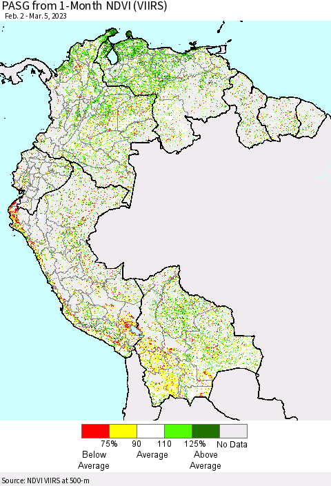 Northern South America PASG from 1-Month NDVI (VIIRS) Thematic Map For 2/26/2023 - 3/5/2023