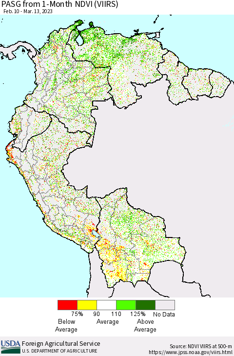 Northern South America PASG from 1-Month NDVI (VIIRS) Thematic Map For 3/11/2023 - 3/20/2023