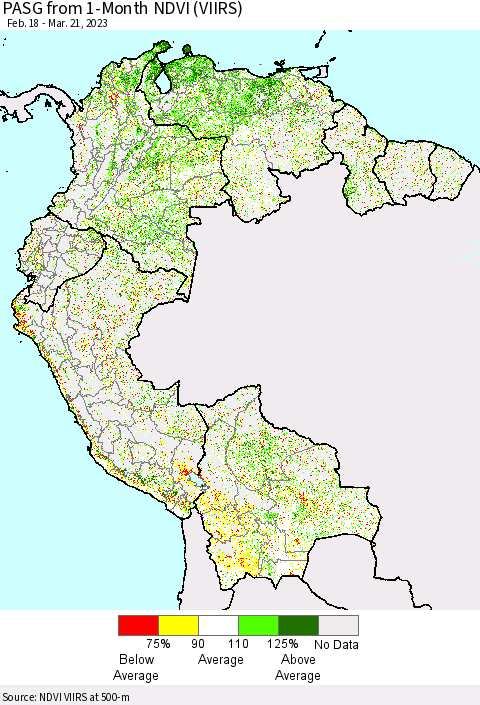 Northern South America PASG from 1-Month NDVI (VIIRS) Thematic Map For 3/14/2023 - 3/21/2023