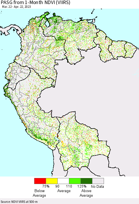 Northern South America PASG from 1-Month NDVI (VIIRS) Thematic Map For 4/15/2023 - 4/22/2023