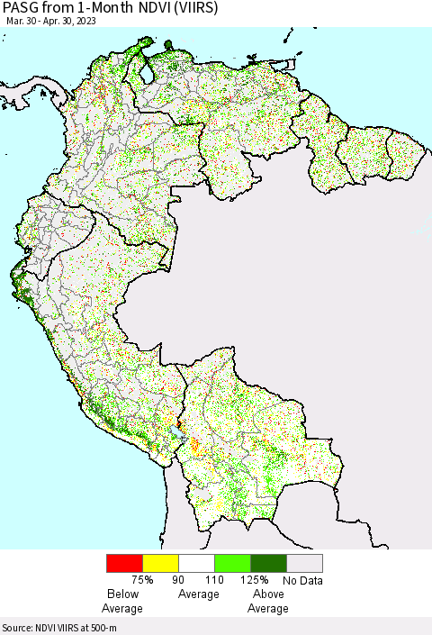 Northern South America PASG from 1-Month NDVI (VIIRS) Thematic Map For 4/23/2023 - 4/30/2023
