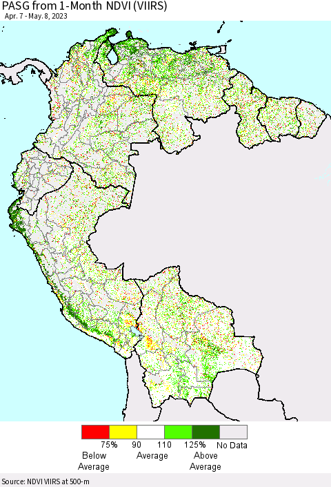 Northern South America PASG from 1-Month NDVI (VIIRS) Thematic Map For 5/1/2023 - 5/8/2023