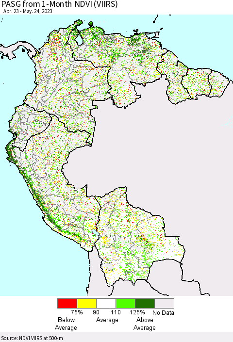 Northern South America PASG from 1-Month NDVI (VIIRS) Thematic Map For 5/17/2023 - 5/24/2023